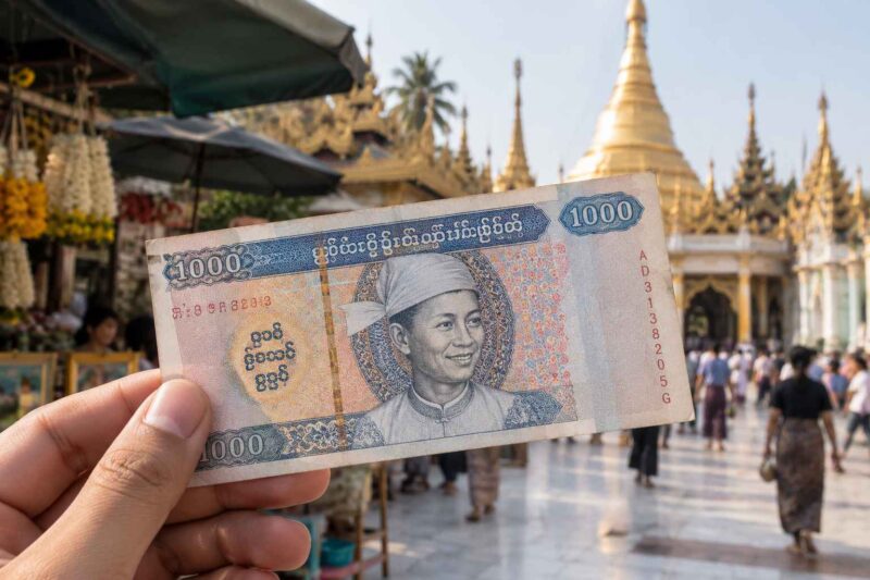 Hand holding a 1,000 Mongolian tugrik banknote outdoors.