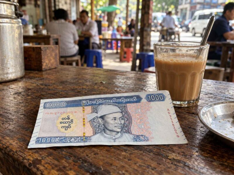 1,000 Myanmar kyat banknote on a wooden café table.