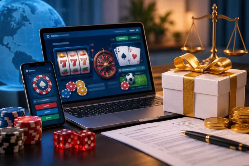 Laptop and smartphone displaying online casino games beside a sweepstakes prize, poker chips, and tax documents.