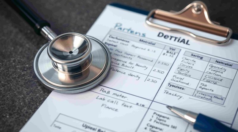 Close-up of a stethoscope resting on a dental-related medical form with a pen and clipboard.