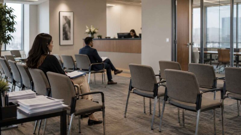 Job applicants waiting in a mostly empty office reception area.