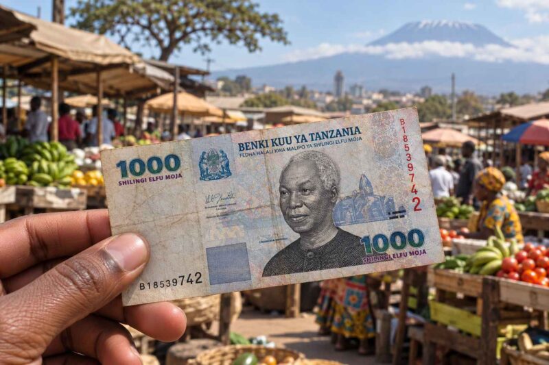 Hand holding a 1,000 Tanzanian shilling banknote at an outdoor market.