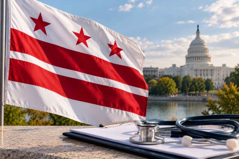 District of Columbia flag with a stethoscope near the U.S. Capitol