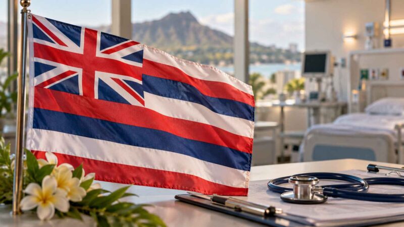 Hawaii state flag with a stethoscope in a hospital setting