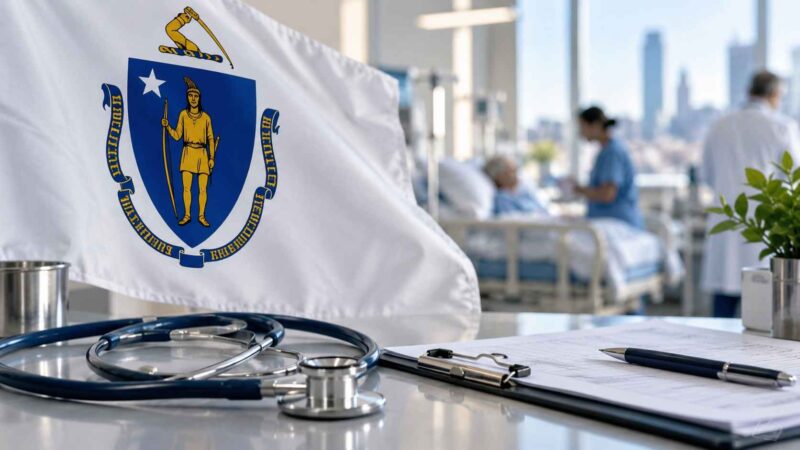 Massachusetts state flag with a stethoscope in a hospital setting