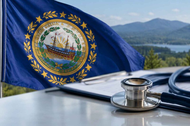New Hampshire state flag with a stethoscope and mountain landscape