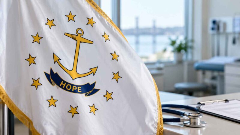 Rhode Island state flag with a stethoscope in a medical setting