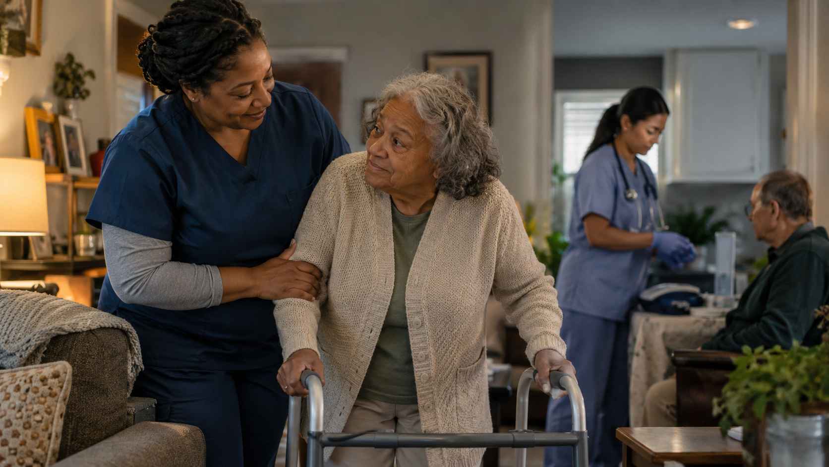 Home healthcare worker assisting an elderly woman with a walker while another medical professional provides care at home.