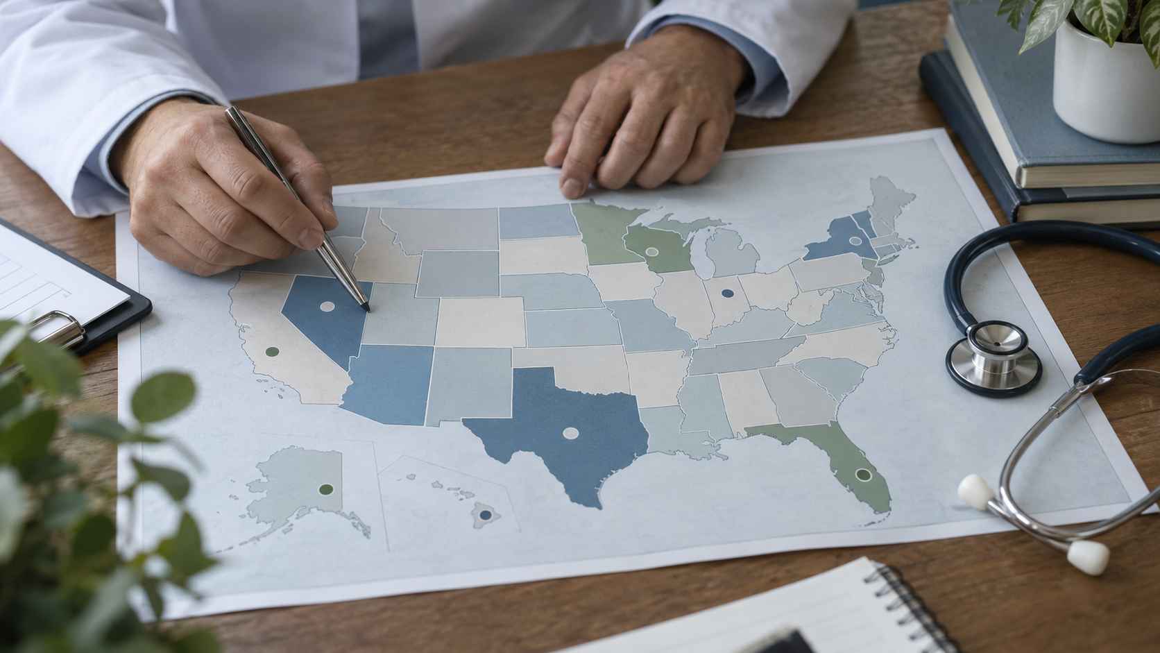 Doctor reviewing a U.S. healthcare quality map with a stethoscope