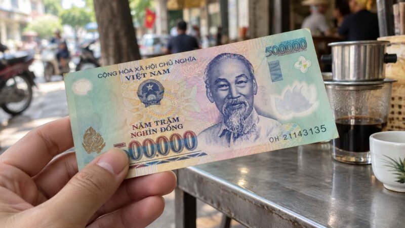 Hand holding a 500,000 Vietnamese dong banknote at a street café in Vietnam