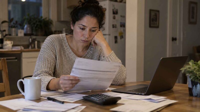 Woman reviewing bills and income documents at her kitchen table.