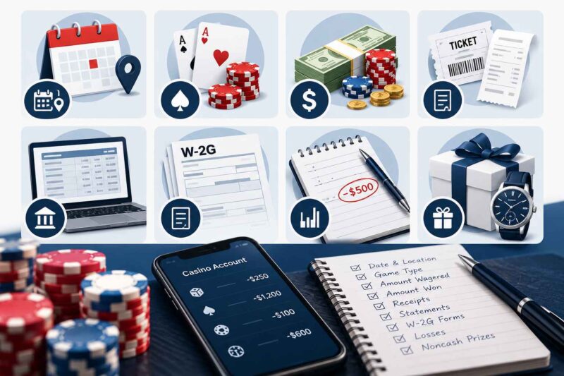 Infographic showing eight essential gambling records, including receipts, wagers, winnings, tax forms, and transaction statements.