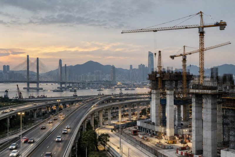 Elevated highways, bridge construction, and cranes at a large urban infrastructure development site.