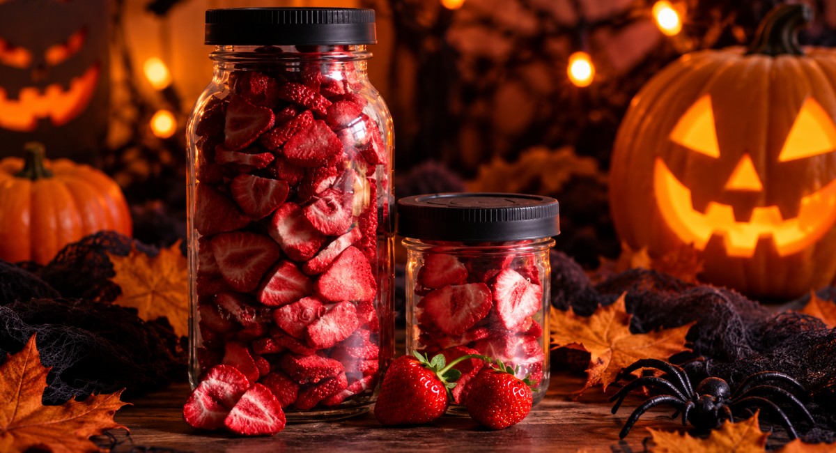 Two glass jars filled with freeze-dried strawberries on a Halloween table decorated with glowing pumpkins, autumn leaves and a black spider.