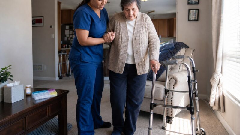 Home health aide helping an older adult stand beside an armchair in a living room