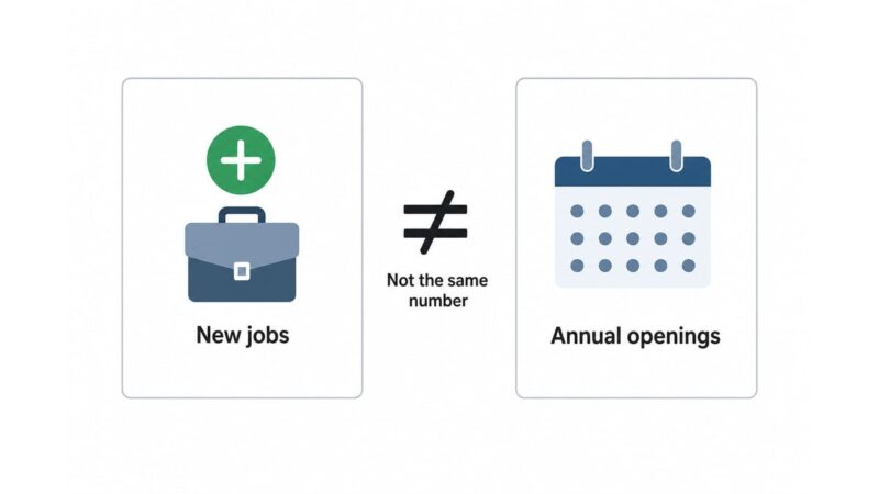 Split graphic with new jobs on one side, annual openings on the other, and a not-equal symbol between them.